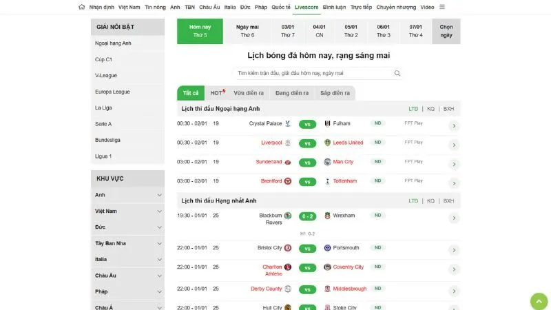 Lịch thi đấu bóng đá tại KQBD 24H được cập nhật hằng ngày