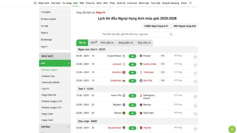 Cập nhật liên tục lịch thi đấu các giải Ngoại hạng Anh
